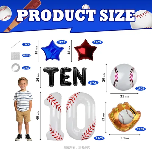 Miniatura 2 de Juego de globos de béisbol de 40 pulgadas, decoraciones de fiesta de cumpleaños número 10 para niños, globo de béisbol número 10 para suministros
