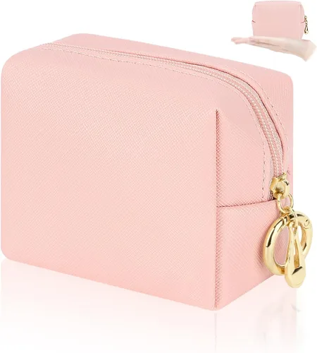 Miniatura 17 de Bolsa de maquillaje pequeña de 5.1 x 5.1 pulgadas para monedero, material flocado, mini bolsa de maquillaje de viaje con dos bolsillos internos
