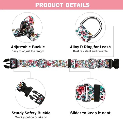 Miniatura 5 de Collar Martingale para perros, collares ajustables de nailon suave con diseño especial lindos patrones para perros pequeños, medianos y grandes Flor