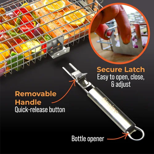 Miniatura 3 de Cesta de parrilla ajustable con mango extraíble – 4 niveles de altura para verduras, carne, pescado y más – Cesta de barbacoa con tapa de bloqueo