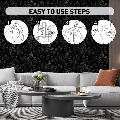 Miniatura 5 de Papel tapiz negro para despegar y pegar de 17.7 x 80 pulgadas, papel tapiz de plumas extraíble, moderno, papel de pared de vinilo impermeable, papel