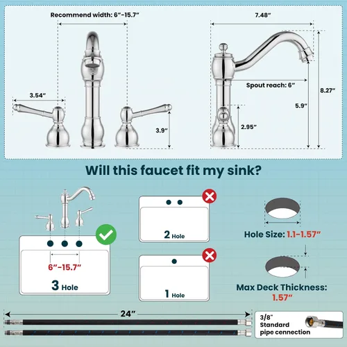 Miniatura 4 de gotonovo Grifos de baño de 8 pulgadas de extensión amplia para lavabo de 3 orificios, 2 manijas de palanca, montaje en cubierta con drenaje