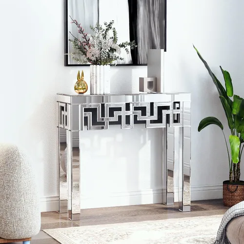 Miniatura 3 de Mesa consola plateada con acabado de espejo, moderna mesa de entrada de cristal, diseño geométrico, 32 pulgadas de ancho, mesa de consola pequeña