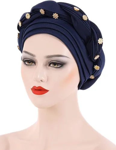 Miniatura 2 de Woeoe Turbante africano para mujer, gorro trenzado previamente atado, con diamantes de imitación, turbantes suaves y elásticos para la cabeza