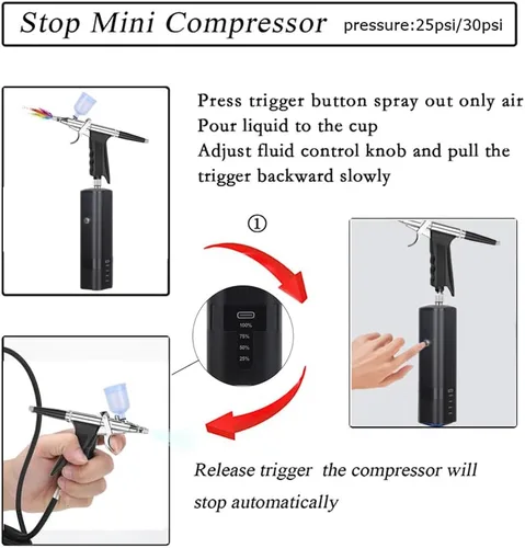 Miniatura 8 de Kit de aerógrafo de alta presión, compresor de aerógrafo inalámbrico recargable, pistola de aerógrafo de mano de doble acción, juego de mini Negro
