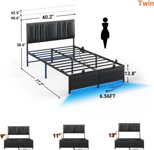 Miniatura 3 de Besiost Base de cama de tamaño individual con cabecera ajustable de 3 alturas, cama de plataforma tapizada de cuero con luz LED y estación de carga