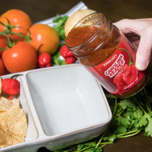 Miniatura 5 de Pepper Joe's Carolina Reaper Salsa - Salsa supercaliente peligrosamente deliciosa con pimienta más picante del mundo - Tarro de 12 onzas de salsa