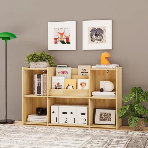 Miniatura 8 de Estantería de madera, estantería horizontal de perfil bajo de 2 niveles con organizador de almacenamiento, madera certificada FSC, estante