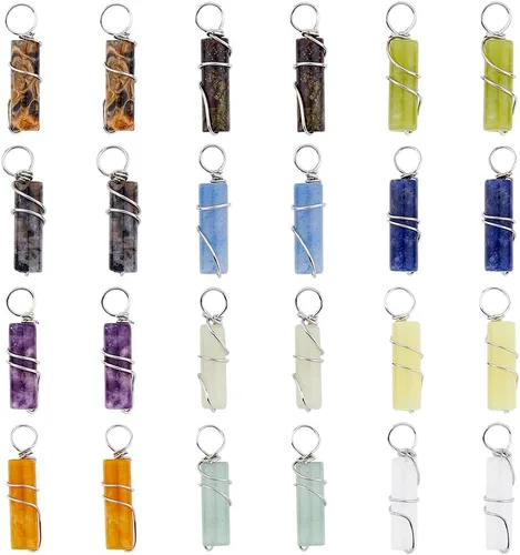 SUPERFINDINGS 24 colgantes de piedras preciosas naturales de 12 colores envueltos en alambre de latón colorido columna joyería piedra cristal