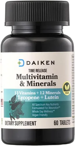 DAIKEN Mini multivitamínico, 60 tabletas, mejorado con luteína, licopeno y ácido fólico, multivitamínico liberado por el tiempo para mujeres y