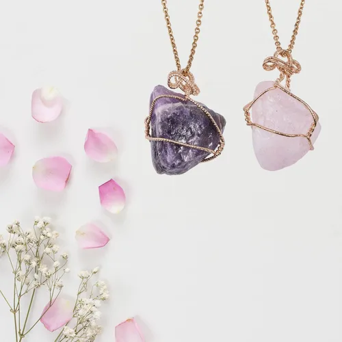 Miniatura 8 de Shop LC - Collares de cristal Juego de collar de piedras preciosas crudas de amatista curativa y cuarzo rosa, fluorita y cristal blanco, citrino