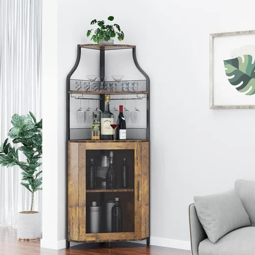 Miniatura 9 de GAOMON Armario esquinero para bar de vinos con estante desmontable para vinos, armario de bar con soporte para vidrio, aparador pequeño y gabinete