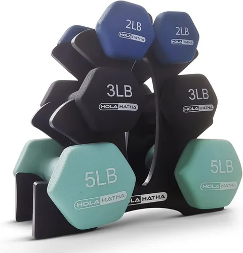Miniatura 20 de HolaHatha Neoprene Dumbbell Weights Set w/Rack, Home Gym Equipment - Portable Weighted Exercise Dumbbells for Fitness, Training, and Lifting