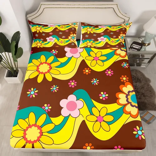 Miniatura 33 de Juego de ropa de cama con diseño floral bohemio, tamaño individual, diseño retro de flores groovy, 60S y 70S, diseño de flores hippie para niños