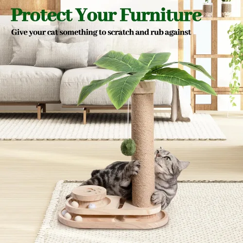 Miniatura 4 de Meowoou Rascador para gatos con juguete interactivo con bola colgante para gatitos de interior, base de 2 capas, pista de bola de madera, poste