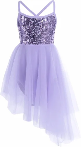 TiaoBug Niñas Lentejuelas Dobladillo Irregular Baile Latino Traje Lírico Ballet Vestido Leotardo Falda Gasa Brillante Hada Danza