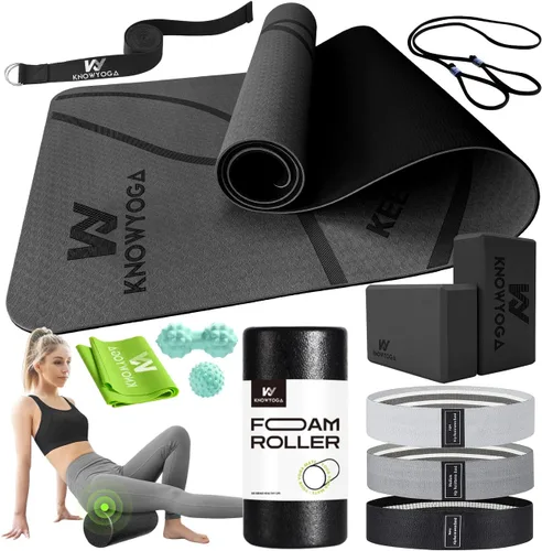 Kit de inicio de yoga 12 en 1 – El juego de yoga incluye esterilla de yoga, rodillo de espuma, 4 bandas de resistencia, bloques de yoga 2 paquetes