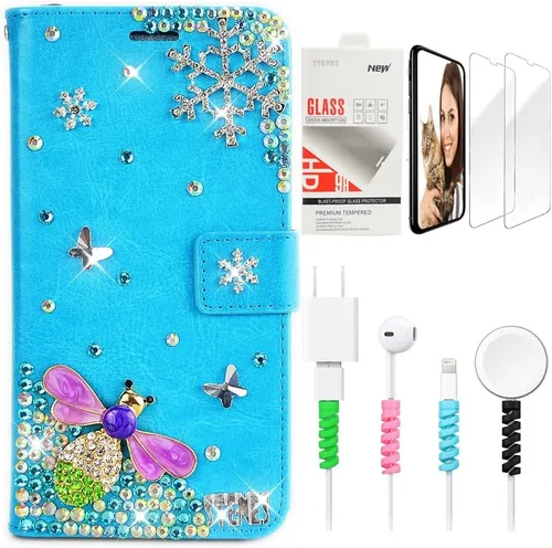Miniatura 9 de Bling Wallet - Funda de cuero compatible con Google Pixel 6a, elegante, hecha a mano en 3D, con libélula y purpurina para bicicleta, con protector