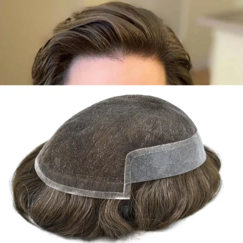 Miniatura 38 de Tupé de encaje suizo para hombres, piezas de cabello humano real, encaje frontal, sistema de reemplazo de cabello tipo tupé, nudo blanqueado, línea