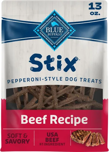 Blue Buffalo Stix Pepperoni-Style - Golosinas para perros hechas con ingredientes naturales, receta de carne de res, bolsa de 13 onzas