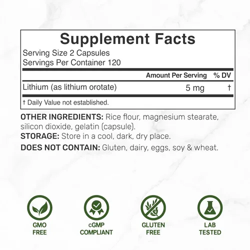 Miniatura 2 de Orotato de litio de 5 mg, 240 cápsulas – Suplementos de litio altamente biodisponibles y estables – Sal mineral de fácil absorción en forma suave