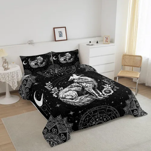Miniatura 2 de Castle Fairy Juego de edredón tamaño twin con lobo, animales salvajes y plantas, exótico, bohemio, loto misterioso, colección de cama suave