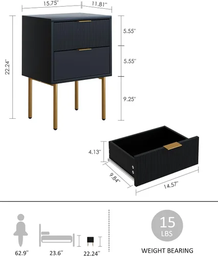 Miniatura 2 de Mesita de noche, mesita de noche pequeña con marco dorado, mesita de noche negra, muebles de noche, mesa auxiliar con 2 cajones para dormitorio