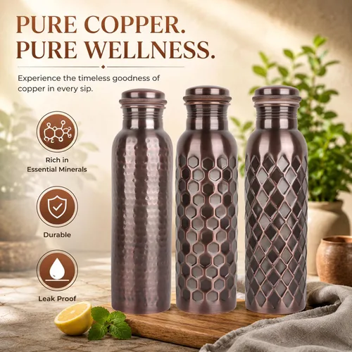 Miniatura 2 de Alpha Living Home Pure Copper Water Bottle Set of 3 - Handcrafted Drinking Bottles with Hammered, Diamond & Honeycomb Design - Leak Proof Wide Mouth