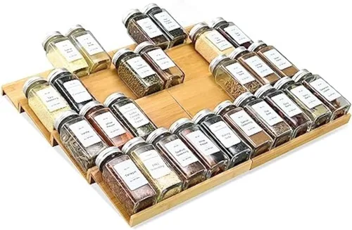 Miniatura 10 de Organizador de Cajón de Especias, 4 Niveles - 8 Piezas Bandeja Inserto de Estante de Especias de Bambú para Cajón de Gabinete Encimera, Organización