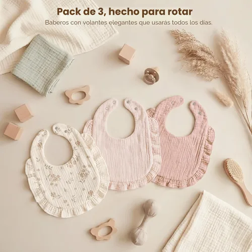Miniatura 9 de Konssy Baberos de Muselina para Bebé para Niñas – Baberos Suaves de 100% Algodón para Babear, Ribete de Volantes para Recién Nacidos y Niños Rosa