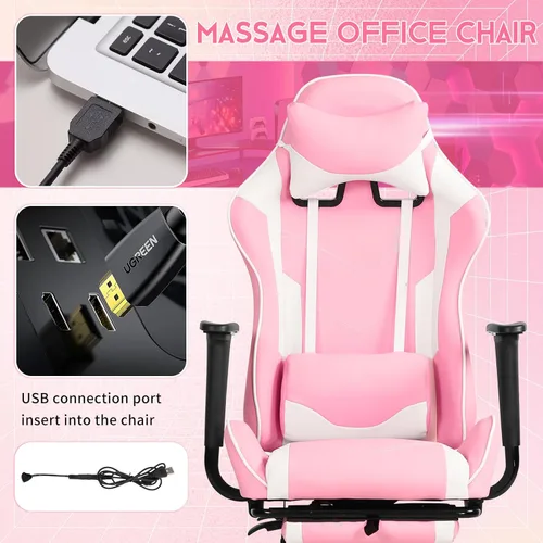 Miniatura 3 de BLKMTY Silla de masaje para juegos con reposapiés, silla ergonómica de oficina de carreras de piel sintética, con respaldo alto, soporte lumbar