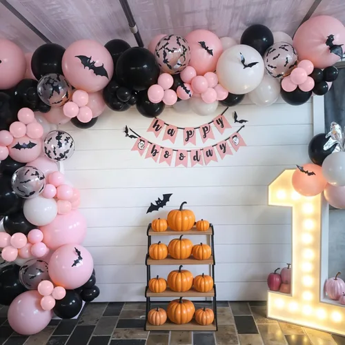 Miniatura 4 de Kit de guirnalda de arco de globos de Halloween, globos negros y rosados, globos de murciélago de aluminio fantasma para la familia, fondo de fiesta