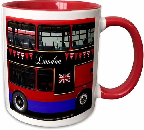 3dRose London Double Decker Red Bus con banderines y bandera - Reino Unido Gran Bretaña Reino Unido Recuerdo de viaje 11oz Taza roja de dos tonos