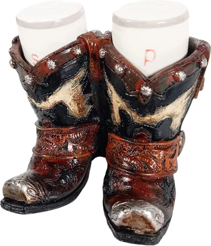Urbalabs - Botas vaqueras occidentales, color verde azulado, marrón y dorado, salero y pimentero, mesa de comedor de granja, decoración de rancho,