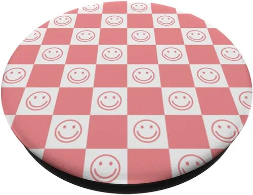 Miniatura 2 de Diseño de patrón de sonrisas de tablero de ajedrez rosa en PopSockets blancos PopGrip intercambiables