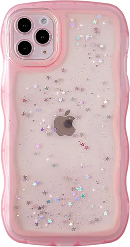 Miniatura 95 de Qokey Funda para iPhone 12 Pro Max de 6.7 pulgadas, diseño de onda rizada, borde transparente, brillante con purpurina, estrella brillante, bonita