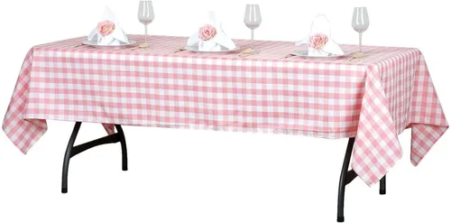 Miniatura 6 de Efavormart - Mantel a cuadros rectangular de 60 x 102 pulgadas, cuarzo blanco/rosa Mantel de lino de poliéster a cuadros 2-Rosa