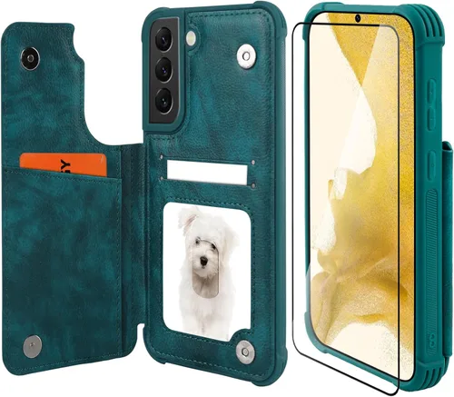Miniatura 11 de VANAVAGY Funda tipo cartera compatible con Galaxy S22 con soporte para tarjetas de bloqueo RFID, piel sintética, cierre magnético, función atril