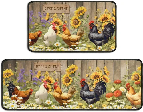 Miniatura 8 de Juego de 2 alfombras de cocina con temática de gallo, decoración de granja, tapetes absorbentes y antideslizantes, lavables, decoración de girasol