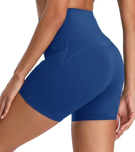 Miniatura 2 de Oalka Pantalones cortos de yoga para mujer, con bolsillos laterales, cintura alta, para entrenamiento, correr, deportes, 4 pulgadas