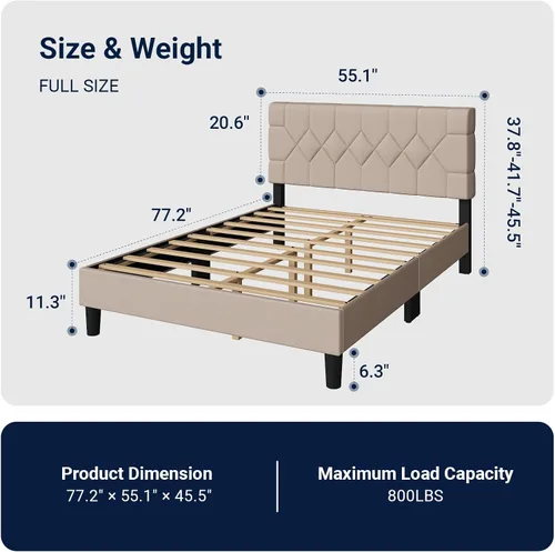 Miniatura 2 de Avenco Base de cama de tamaño matrimonial, base de cama tapizada con cabecera ajustable de 3 alturas, fácil montaje sin herramientas