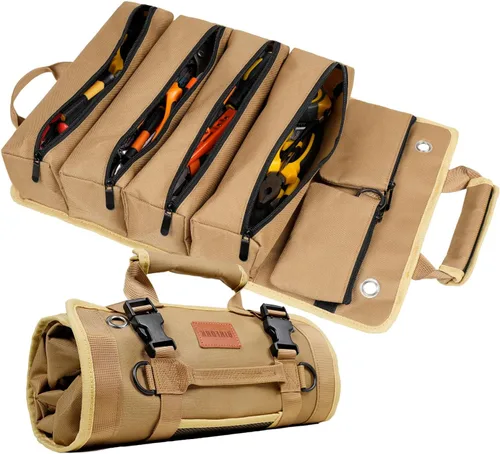 Bolsa de herramientas enrollable, organizador de herramientas portátil resistente con 2 bolsas desmontables y 4 compartimentos, rollo de Caqui