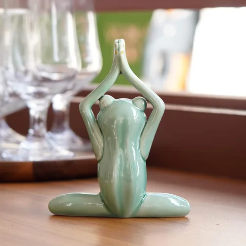 Miniatura 4 de OwMell Rana Zen de Cerámica para Decoración, Estatua de Rana en Pose de Yoga para Meditación Cerámica para Decoración Zen del Hogar - Namaste