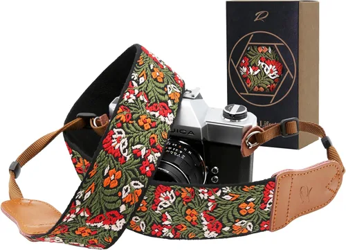 Miniatura 9 de Padwa Lifestyle Correa para cámara de flores marrones, correa de algodón de doble capa de piel de vaca de 2 pulgadas de ancho, bordado jacquard Flor