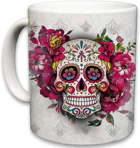 Miniatura 15 de Sweet Gisele Taza de cerámica de calavera de azúcar, taza de café con estampado floral, diseño del Día de los Muertos, hermosos colores vivos, gran