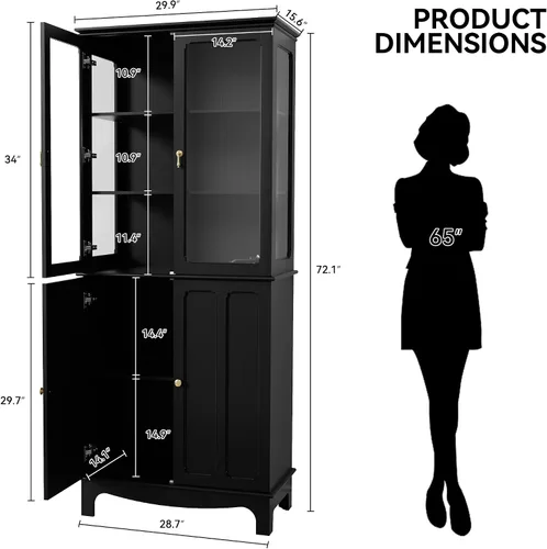 Miniatura 2 de ARTPOWER Aparador de almacenamiento independiente de despensa de cocina de 72 pulgadas, armario alto clásico con puerta de vidrio y estantes Negro