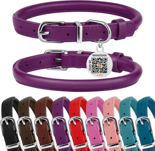 BRONZEDOG Collar de perro de cuero enrollado para perros pequeños, medianos y grandes con etiqueta de identificación QR (ciruela, XS: 9-11 pulgadas)