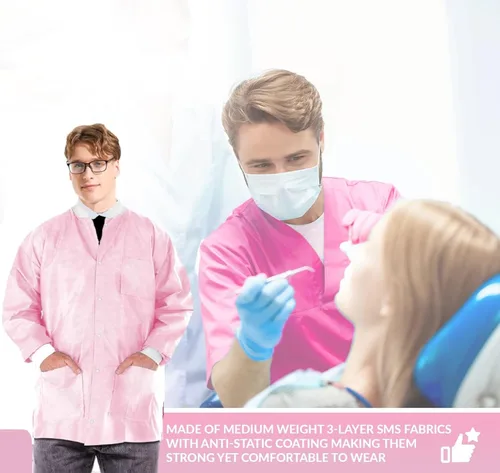 Miniatura 30 de Paquete de 10 chaquetas desechables de laboratorio, chaqueta médica reutilizable hasta la cadera, unisex, con puños de punto y bolsillos