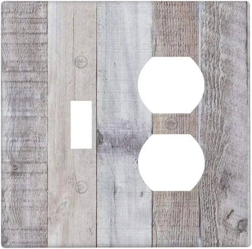 Miniatura 109 de Placa de pared dúplex de receptáculo de dispositivo de 1 gang de madera envejecida blanca gris con veta de tablón, cubierta de enchufe eléctrico