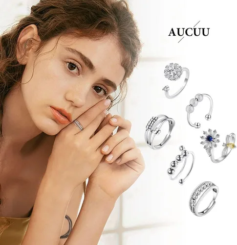 Miniatura 7 de Aucuu 6PCS Anillos Fidget Anti Ansiedad para Mujeres, Anillo Abierto Ajustable, Anillos de Diamantes de Circonita Cúbica CZ, Anillos de Cuentas #1